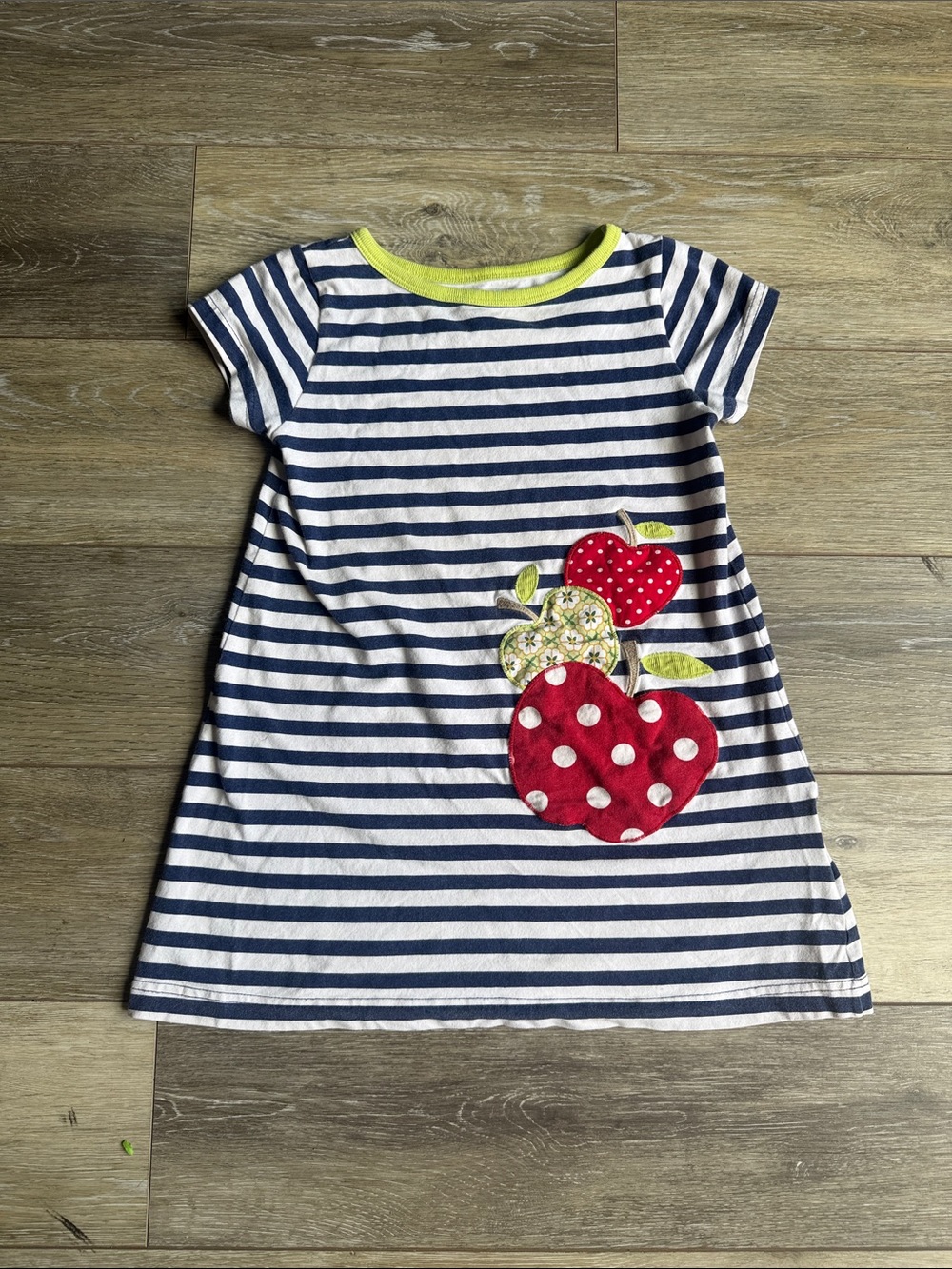 Kelly's Kids Navy & White Striped Dress with Red Apple Appliqués